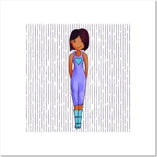 Cute brown girl wearing turquoise boots and a purple outfit with a turquoise heart. Posters and Art